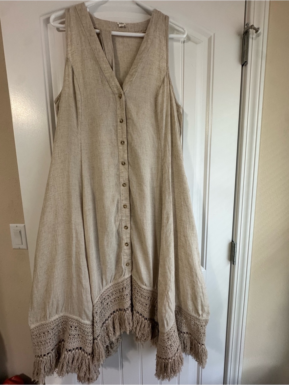 Anthropologie Beige Linen Button-Front Fringe Hem Dress